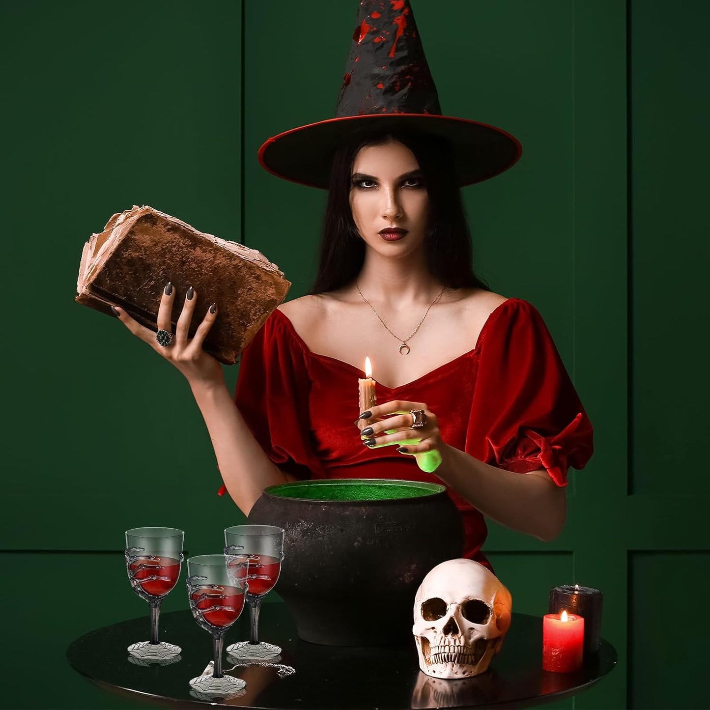 Dandat 24 Pcs Halloween Skeleton Hand Goblets 12oz Clear Plastic Halloween Cups Skull Wine Glass Set for Creepy Spooky Party Decorations (Black)