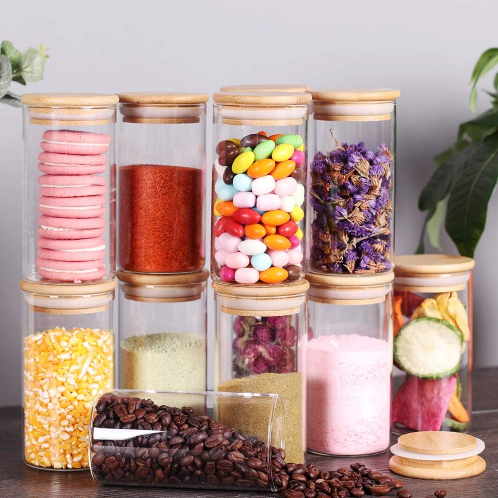 12 Pcs Glass Spice Jars - 8.5oz Empty Small Glass Bottles with Bamboo Airtight Lids and Labels - Thicken Seasoning Spice Containers for Kitchen Organization and Storage…