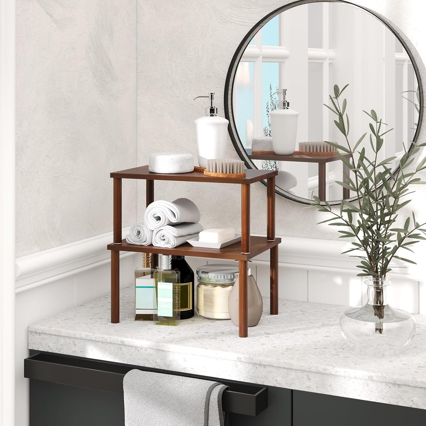 Cabinet Organizer Shelf(Set of 2),Kitchen Counter Shelves,Bamboo Spice Rack Countertop and Cabinet,Stackable Expandable,Medium(Brown)