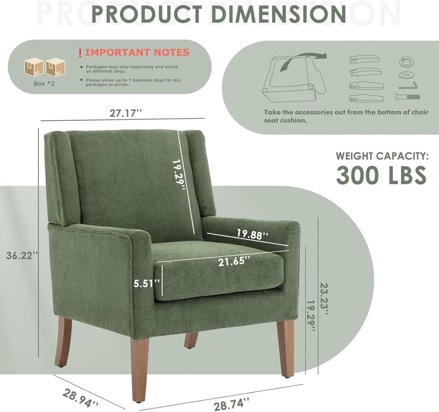 COLAMY Modern Wingback Living Room Chair Set of 2, Upholstered Fabric Accent Armchair, Single Sofa Chair with Lounge Seat and Wood Legs for Bedroom/Office/Reading Spaces, Green