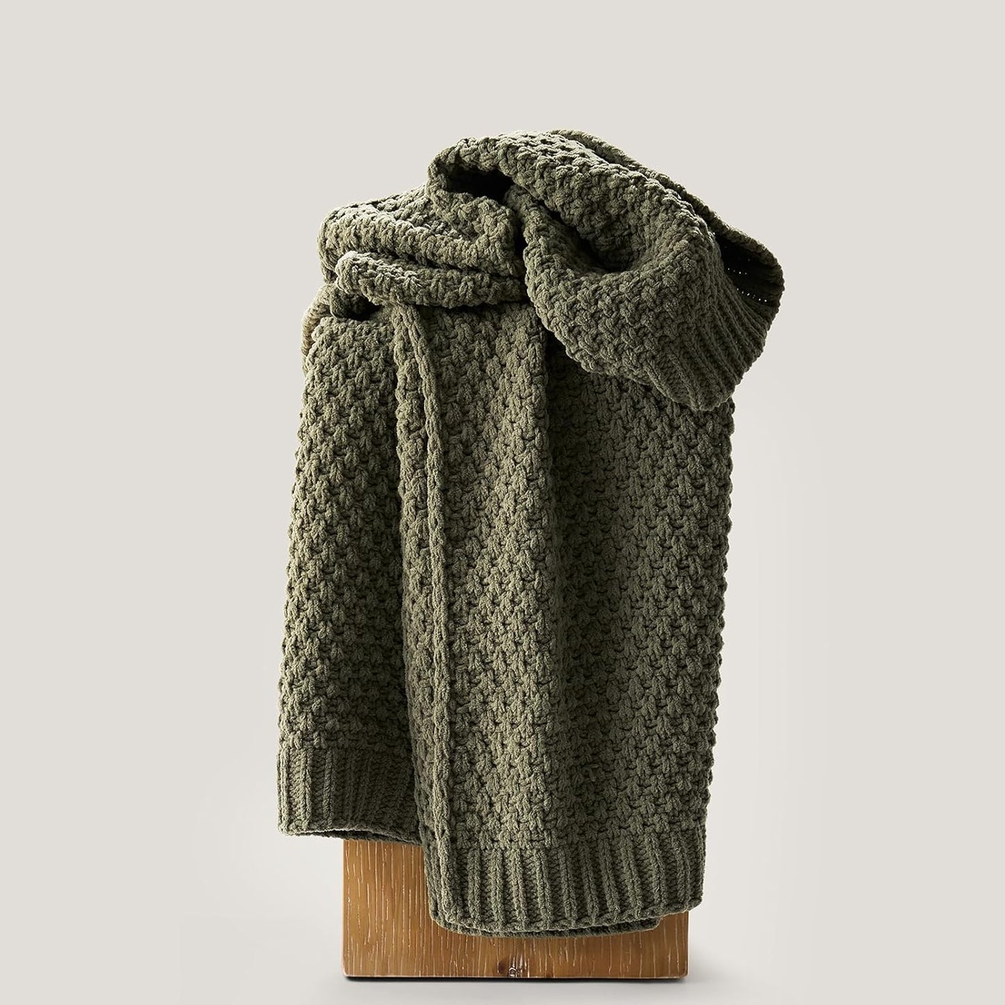Chunky Chenille Knit Throw Blanket for Couch, Soft Luxurious Moss Stitch Blankets for Bed, Cozy Decorative Farmhouse Knitted Throws for Sofa, Olive Green, 50" x 60"