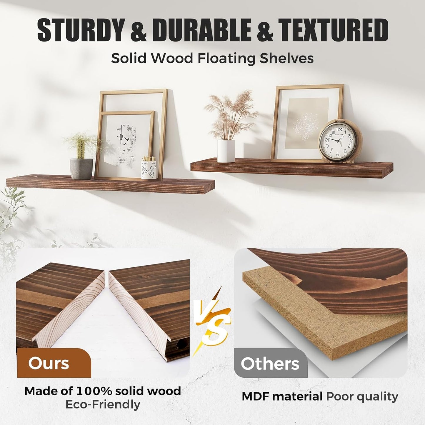 Floating Wall Shelves 3-Pack - 24-Inch Rustic Brown Wooden Shelves for Storage and Décor, Easy Installation for Living Room, Bedroom, and Kitchen