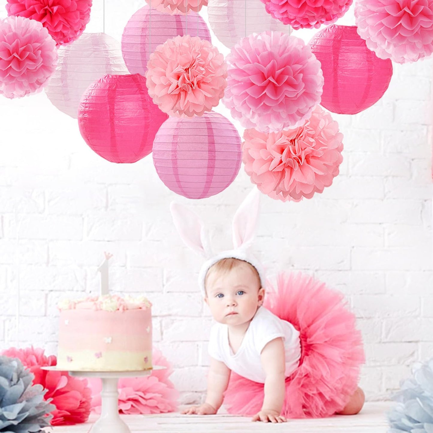 Light-Hot Pink Party-Decorations Paper-Flowers Lanterns - 15pcs Graduation Girl Birthday Decor Tissue Pom Poms Streamers, Bridal Baby Shower Wedding Bachelorette Valentine Hanging Supplies Hugfond