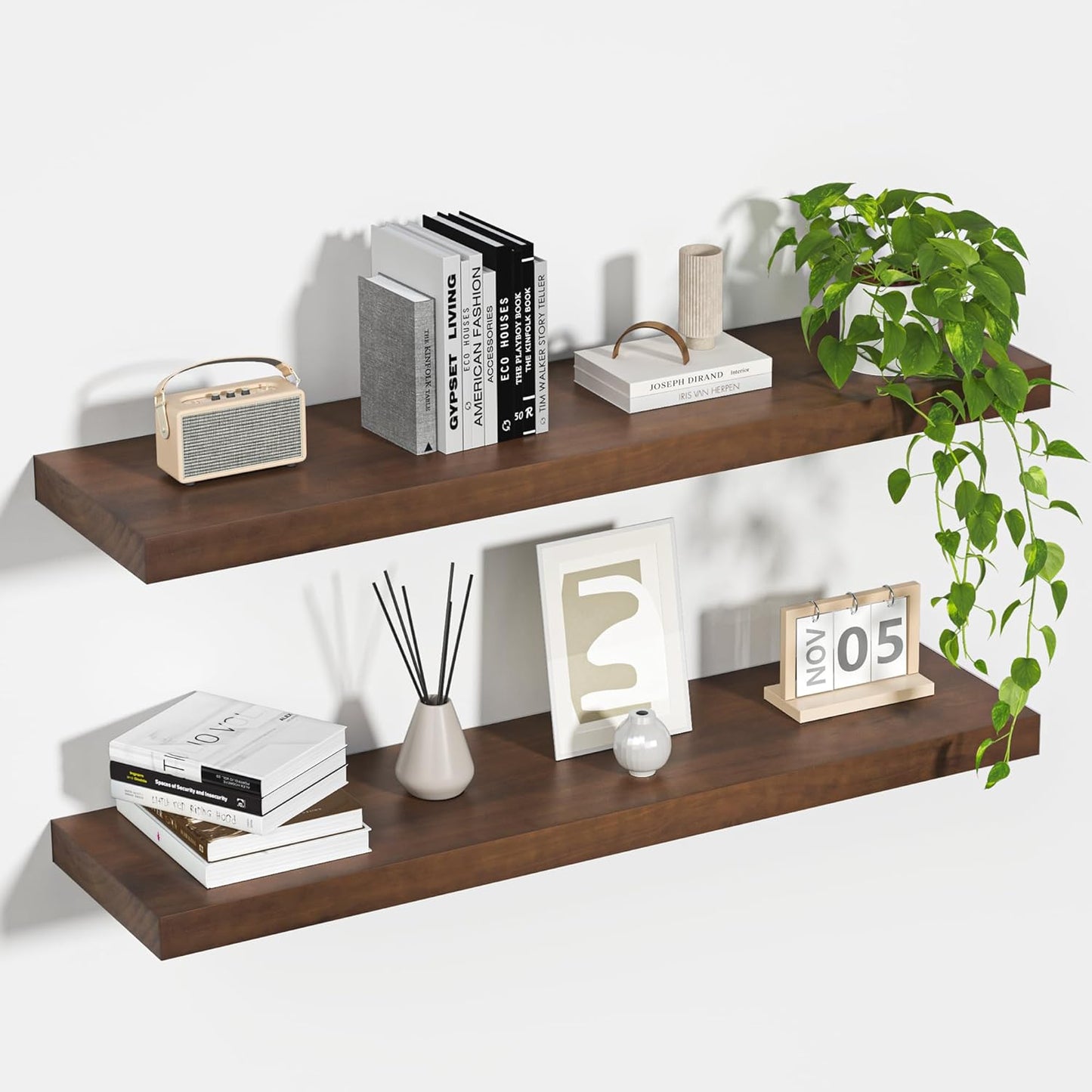 Fun Memories Farmhouse Floating Shelves - 8 Inch Deep Rustic Wood Wall Shelf - Premium Solid Pine Wood Storage Shelf for Kitchen Living Room Bedroom - 30" W x 8" D - Set of 2 - American Walnut