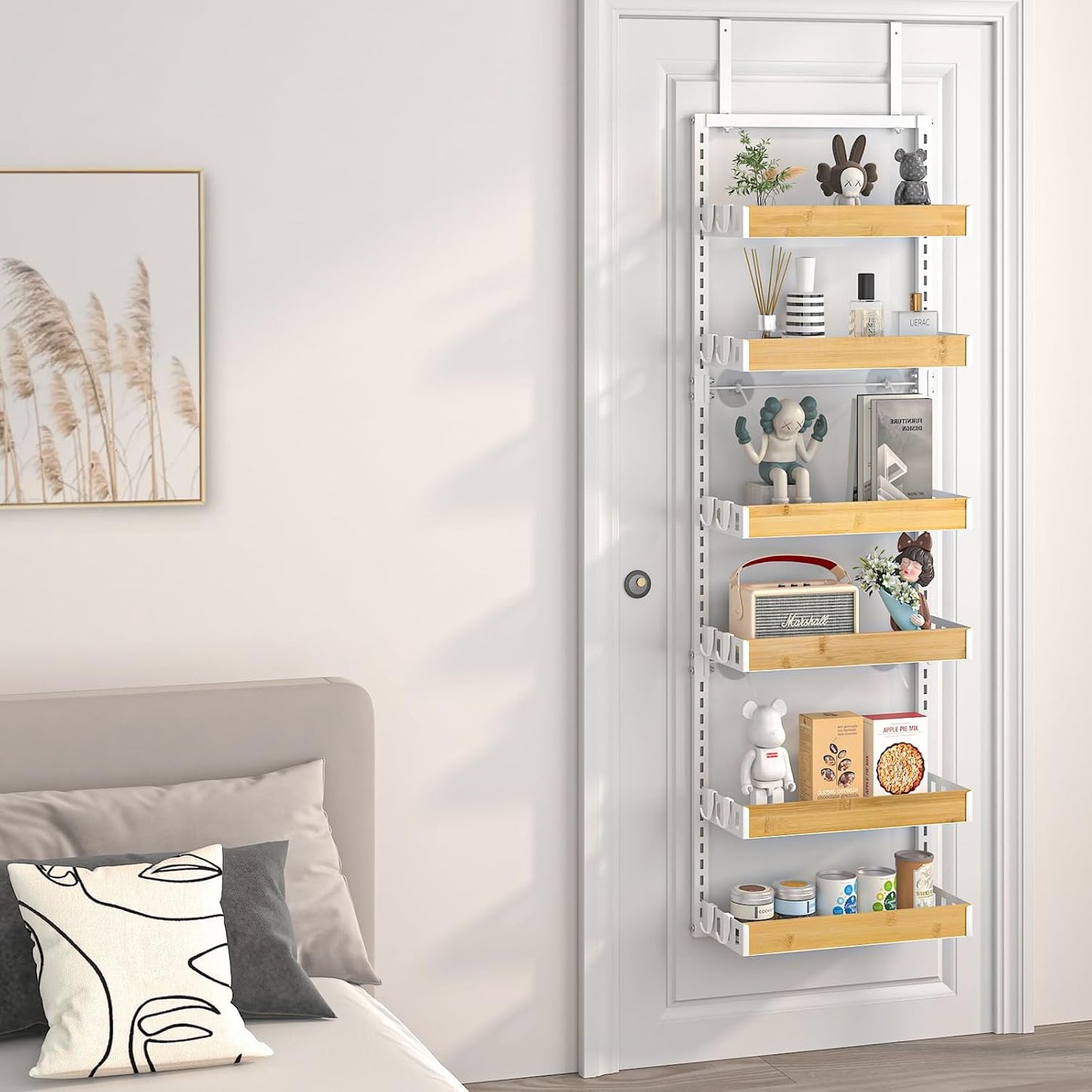 bukfen Over the Door Pantry Organizer 6-Tier Adjustable Basket Kitchen Pantry Door Organization and Storage, 2 in 1 Wall Mount or Hanging Heavy-Duty Metal Hanging Kitchen Spice Rack,White Bamboo Color