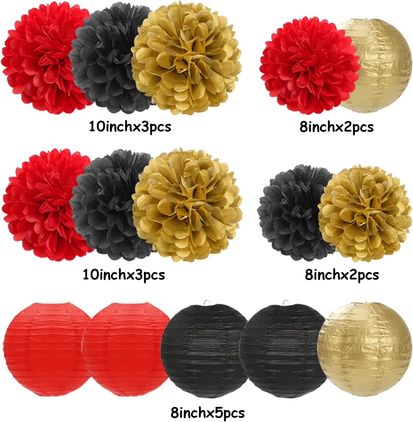 Red-Black Gold Party-Decorations Paper Flowers Lanterns - 15PCS Casino Theme Halloween Tissue Pom Poms Streamers,Game Night Women Men Birthday Wedding Bachelorette Hanging Supplies Decor Hugfond