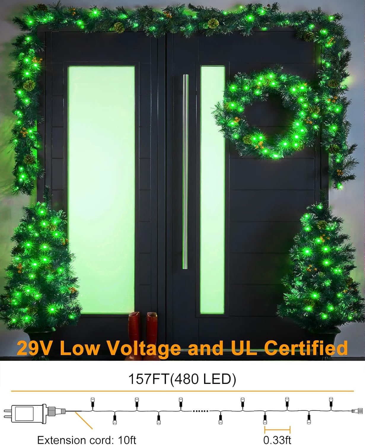 Christmas Lights Outdoor, 157FT 480 LED Plug in Christmas Tree Lights Waterproof, 8 Modes Green Wire Fairy String Light for Indoor House Garden Patio Porch Xmas Party Holiday Decorations, Green