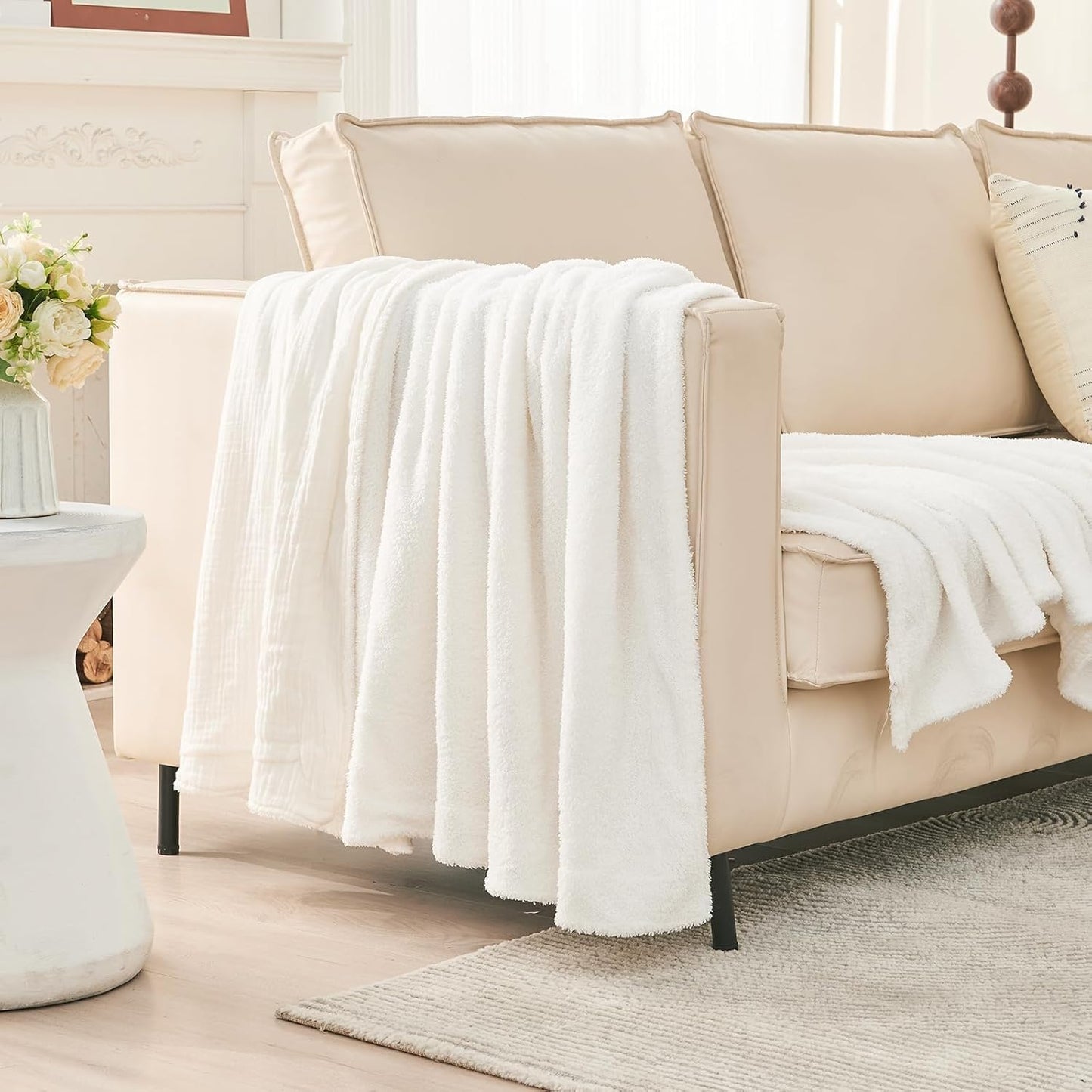 EMME Muslin and Fleece Twin Blanket Reversible - 60"*80" Cream Soft Warm Throw Blankets for Couch Bed Picnic Travel Bed