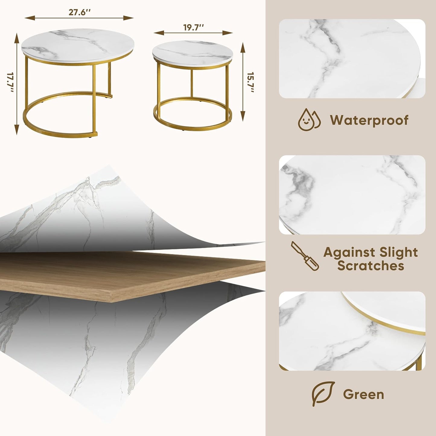 Smuxee White Nesting Coffee Table Set of 2, 27.6" Round Coffee Table Wooden Marble Pattern with Adjustable Non-Slip Feet, Industrial End Table for Living Room Bedroom Balcony