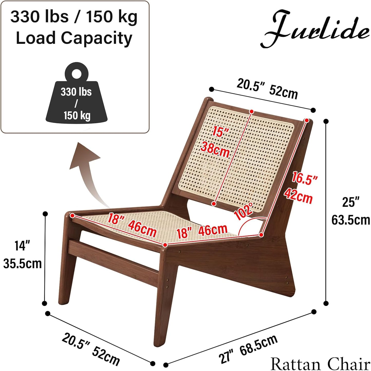 Rattan Chair 2Pcs, Mid-Century Accent Chair, Rattan Lounge Chair for Living Room, Boho Side Corner Comfy Chair for Bedroom and Balcony, Walnut