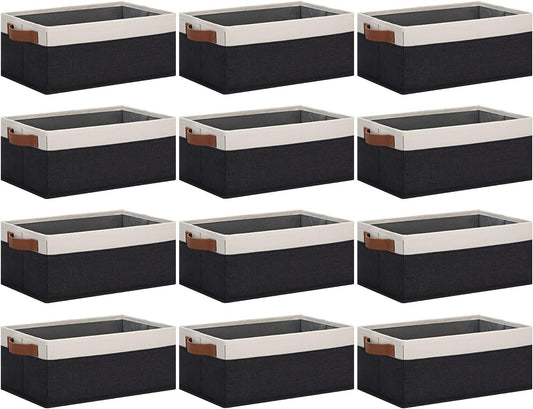 GhvyenntteS Storage Baskets for Shelves 12 Pack, Fabric Storage Bins with Leather Handles, Foldable Rectangular Storage Baskets for Organizing Home, Office (Black/White, 11.8" x 7.87" x 5.11")