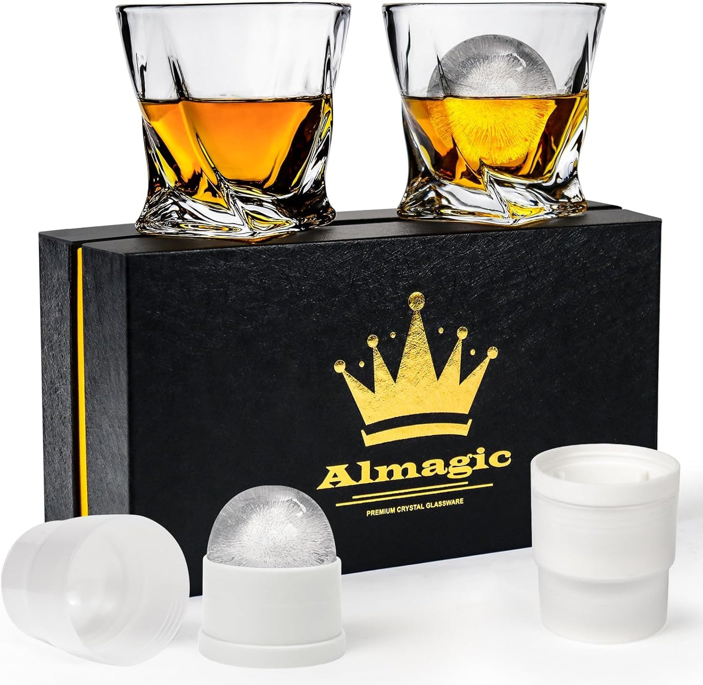 Crystal Whiskey Glasses Set of 2 with Ice Ball Molds, 11 Oz Old Fashioned Glasses Packaged in Giftable Box, Twisted Style Bourbon Glasses Gifts for Men, Stylish Whiskey Glasses Set