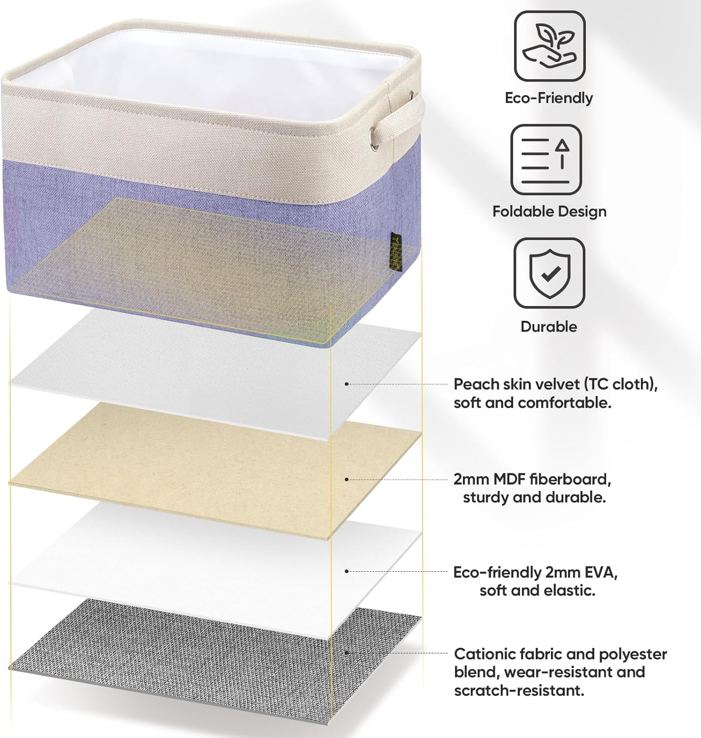 BALEINE 3 Pack Fabric Storage Bins for Shelves, Linen Storage Baskets for Organizing, Decorative Closet Bins for Clothes, Home (Lavender, 15''x11''x9.5'')