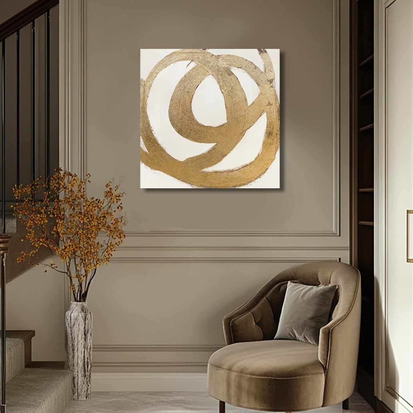 CHUDANHAO Contemporary Neutral Artwork Line Wall Hangings Decor Gold Wall Paintings 28"x28" Decoration for Bedroom Wall Office Decor