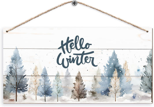 DUXMNAMG Hello Winter Welcome Hanging Wooden Signs 12x6, Pine Tree Decor, Winter Door Decorations, Winter Door Sign, Rustic Winter Christmas Snowflakes Trees Home Room Office Hanging Wall Decor