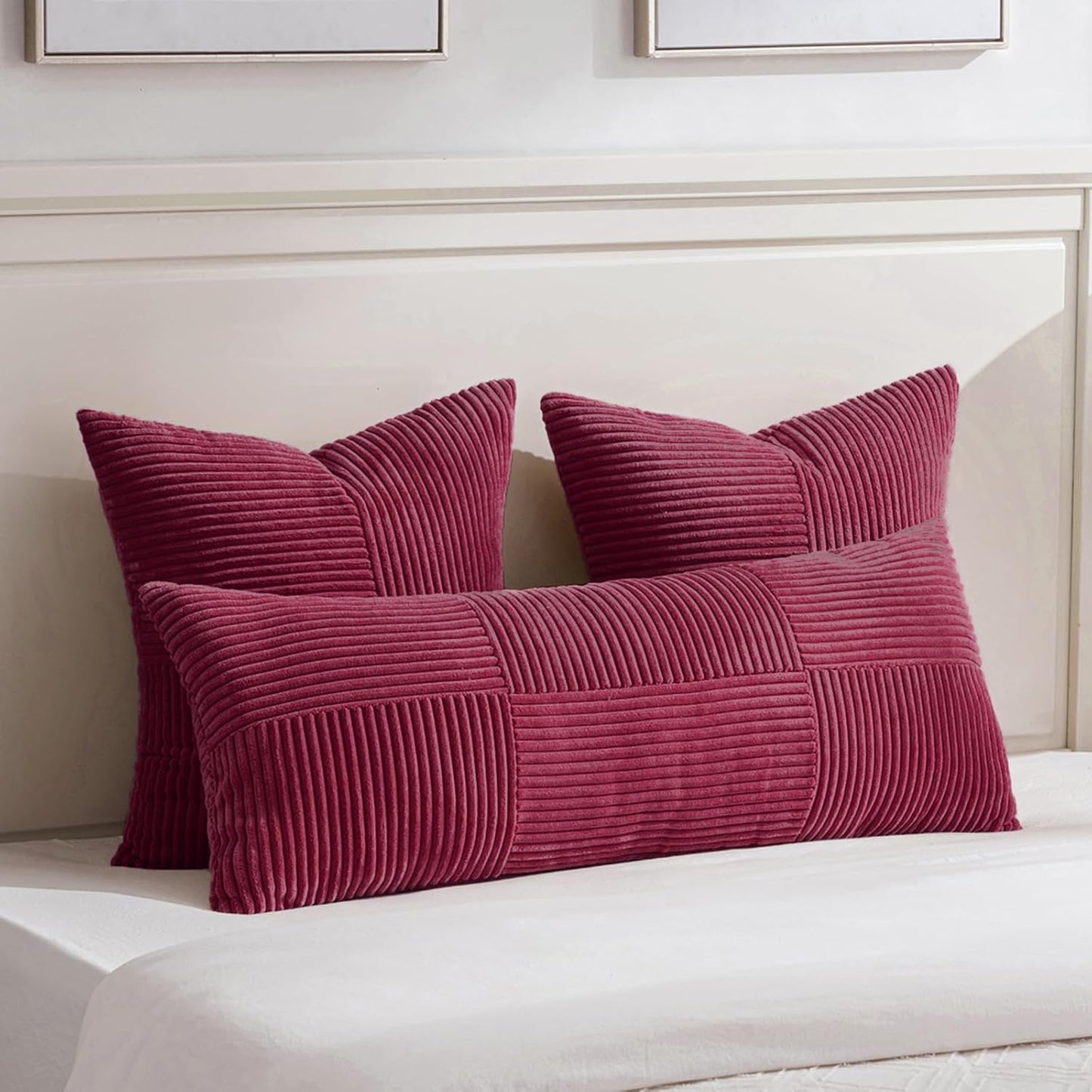 Fancy Homi 2 Packs Burgundy Decorative Throw Pillow Covers 22x22 Inch for Living Room Couch Bed Sofa, Rustic Farmhouse Boho Home Decor, Soft Corss Corduroy Patchwork Accent Cushion Case 55x55 cm