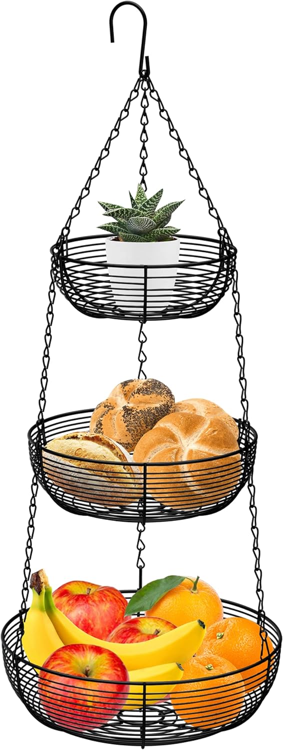 CAXXA 3-Tier Hanging Basket Fruit Organizer Kitchen Heavy Duty Wire Organizer with 2 Free Bonus Metal Ceiling Hooks, Black