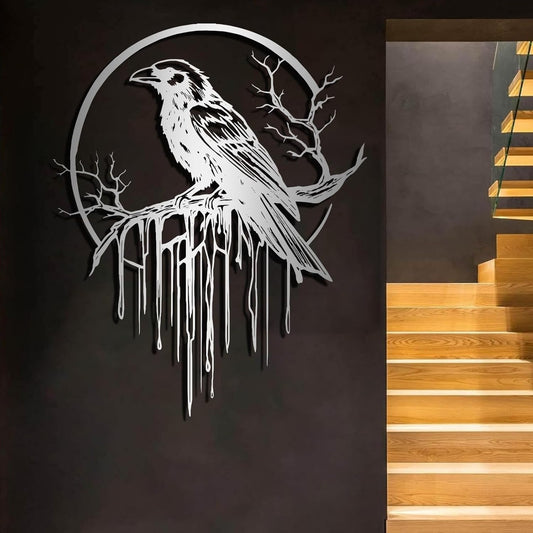 Crow Metal Wall Decor, Raven Wall Art, Large Gothic Raven Decor Hangings, Bird Wall Decor, Metal Tree Branch Decor, Ravens Sign, Raven Art for Living Room (Silver, 19"x15" | 47x38cm, metal wall art)