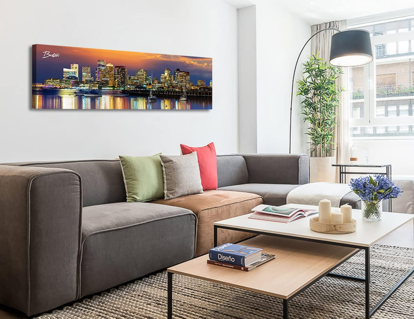 DJSYLIFE Boston Skyline Wall Art Canvas Prints Colorful USA City Night Pictures Modern Panoramic Cityscape Posters Paintings for Bedroom Office Decor, Ready to Hang 13.8"x45.3"