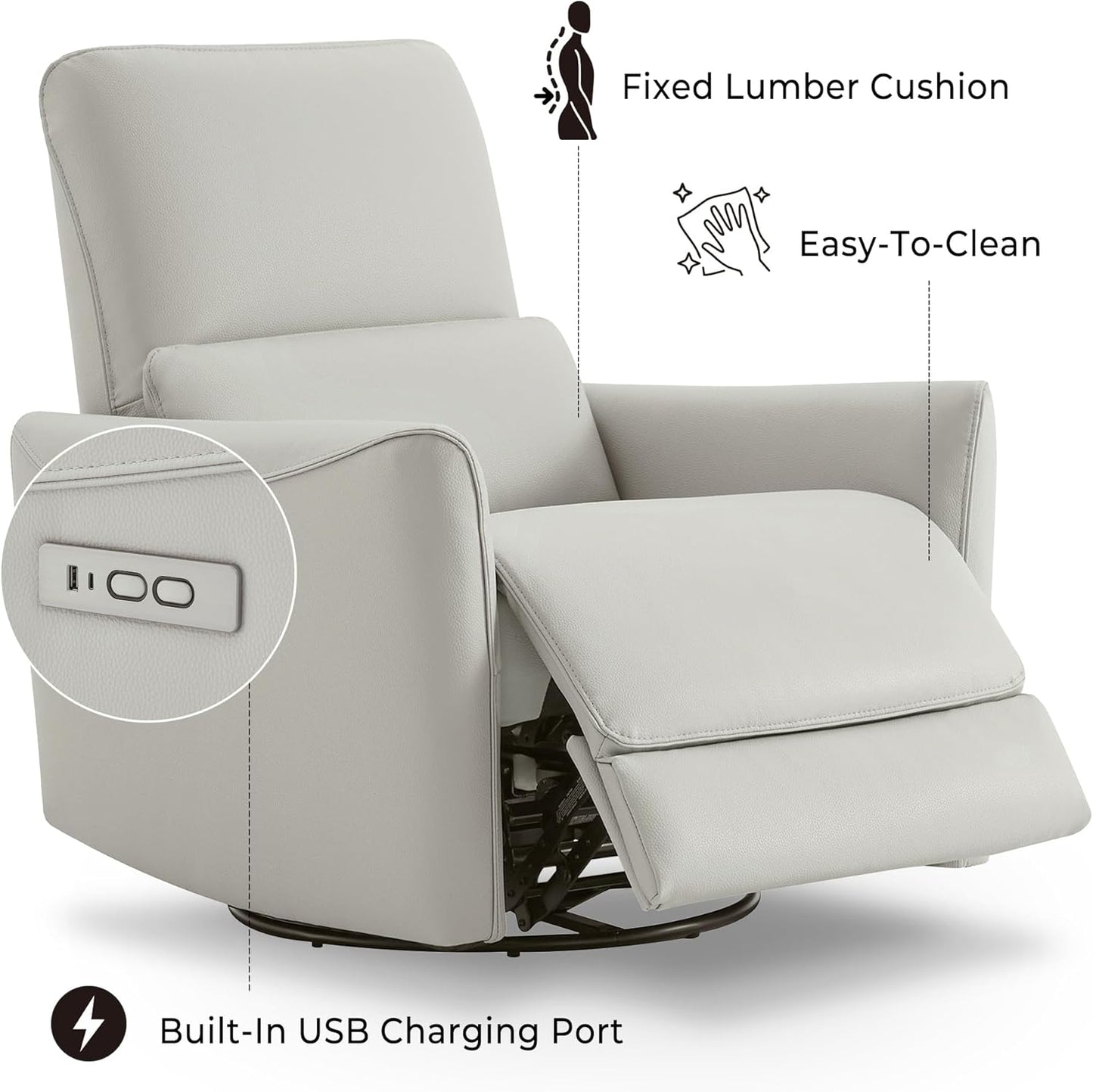 CHITA Power Recliner Chair Swivel Glider, FSC Certified Upholstered Faux Leather Living Room Nursery Reclining Sofa Chair with Lumbar Support, Cream