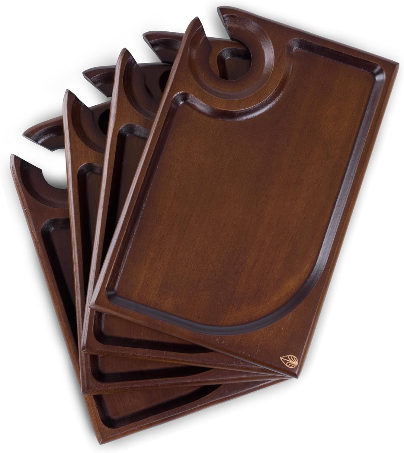 PICNIC TIME Rectangle Wine Appetizer Plates Set of 4, Cocktail Plate with Glass Holder, Cheese Board with Wine Holder, (Stained Parawood)