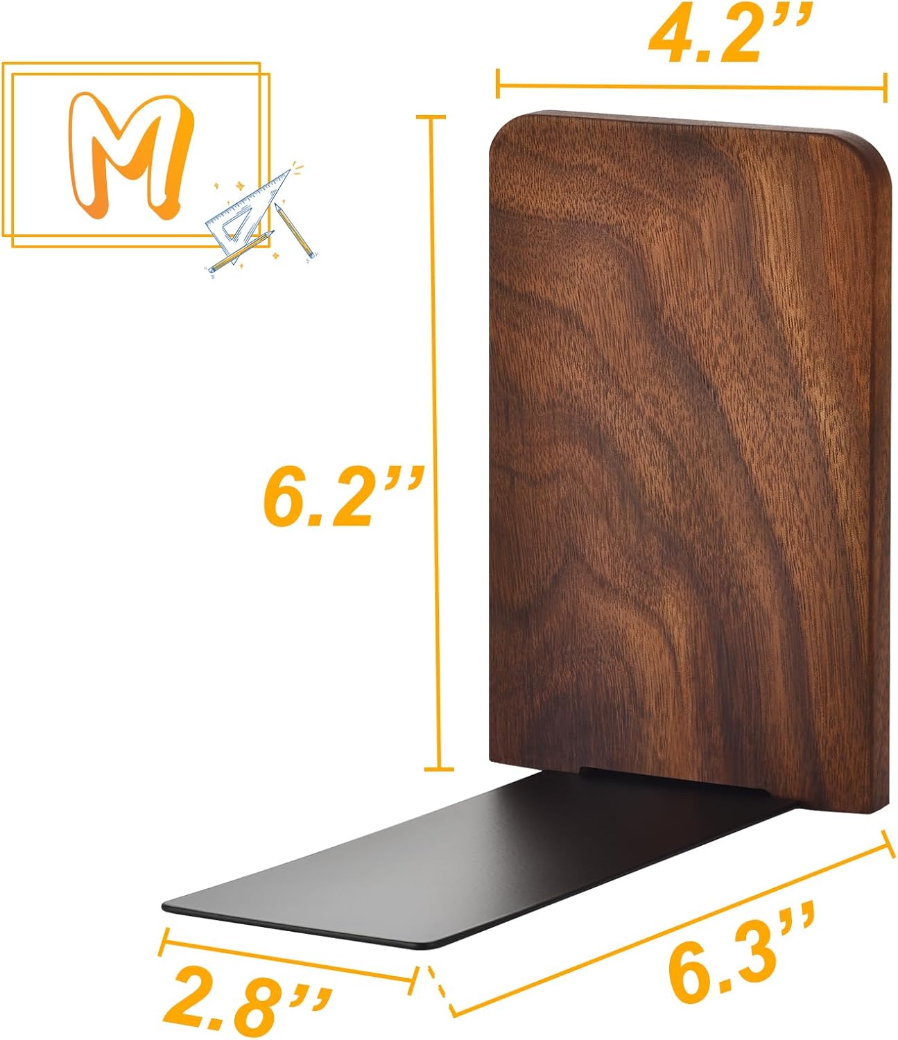 Book Ends, Black Walnut Wooden Bookends for Shelves - Heavy Duty Non-Slip Book Organizers, Upgraded Decorative Bookend Holders for Home, Kitchen, Office, Set of 2, Medium