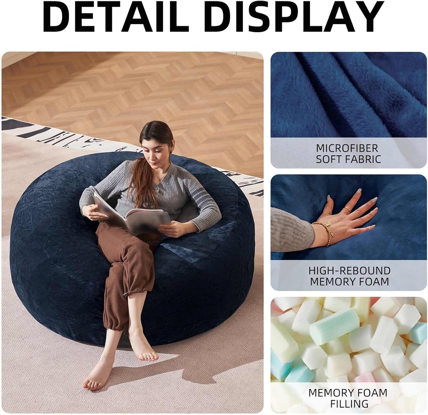 Bean Bag Chair 4Ft, Memory Foam Filled, Large Beanbag Chairs for Adults and Teens, Soft Sofa with Removable Flannel Cover, Round Couch for Living Room Bedroom College Dorm (Blue, 4FT-47×47"×24")