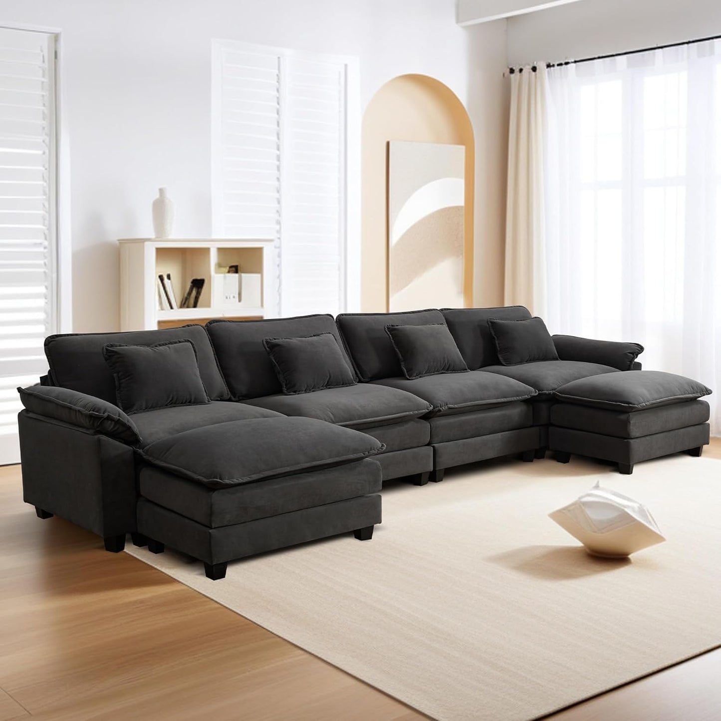 URRED Modular Sectional Sofa Comfy Cloud Couch, Modern Velvet Sofa Sleeper Deep Seat Couches with Ottoman/Pillows for Living Room (Dark Gray, 154'' - U Shape)