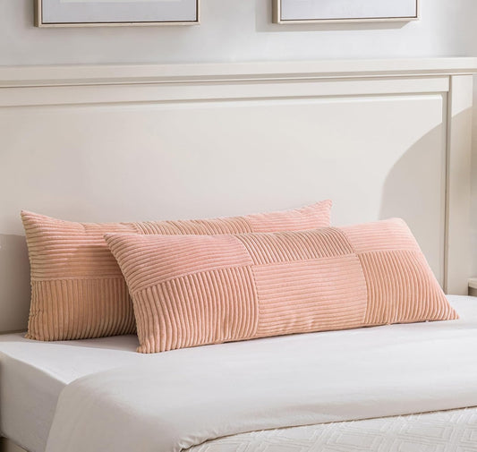 Fancy Homi Set of 2 Peach Boho Long Lumbar Body Decorative Throw Pillow Cover 14x36 Inch for Bed Couch Bedroom Bench, Soft Patchwork Corduroy Textured Pillow Case, Rustic Farmhouse Room Décor