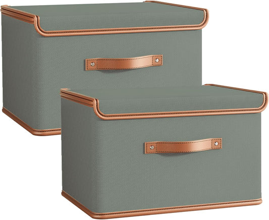 Tuza 2 Pack Storage Bins with Lids, Collapsible Closet Organizer Container, Fabric Organizer Box with Handles, Decorative Storage Boxes with Lids for Organizing Clothes, Blanket, Grey, Large