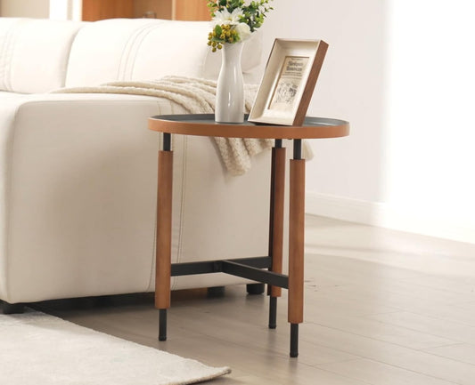 EALSON 19.5" Round Side Table Mid Cnetury Modern End Table for Couch Sofa with Black Metal Legs/Wood Top Vintage Accent Nightstand for Living Room Bedroom Small Spaces Office, Walnut