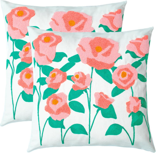 Embroidered Decorative Throw Pillow Cover, 18"x18" Set of 2, Farmhouse Pillowcase Pink Rose Knit Pattern Cotton Canvas Cushion Case Square Floral Pillow Case for Sofa Couch Bed Living Room…