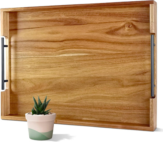 22 Inches Acacia Wood Serving Tray with Metal Handles, Large Wooden Rectangle Ottoman Tray, Decorative and Durable Design for Living Room Coffee Table Couch Kitchen