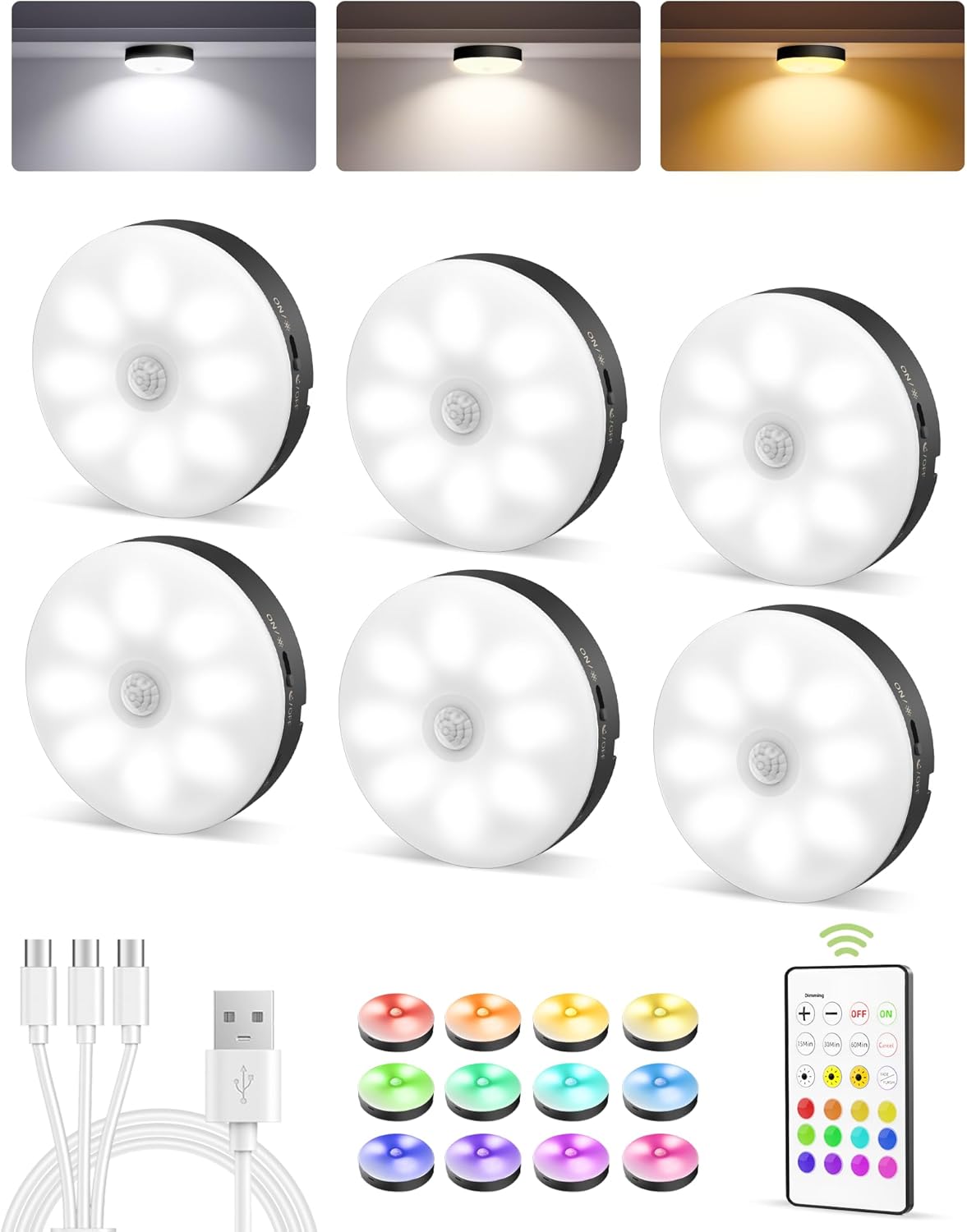 EZVALO Under Cabinet Lighting,1000mAh Rechargeable Puck Lights with Remote,3 Color Temps & 12 RGB Motion Sensor Closet Lights Indoor, Dimmable Under Counter Lights for Kitchen, Shelf Black (6 Packs)
