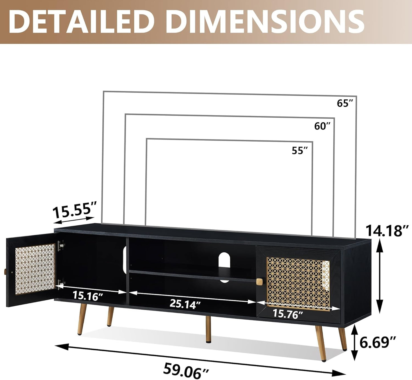 Mid Century Modern TV Stand for 65 inch TV, Entertainment Center with Storage, Metal Mesh Decorated Cabinet Doors for Living Room, Black