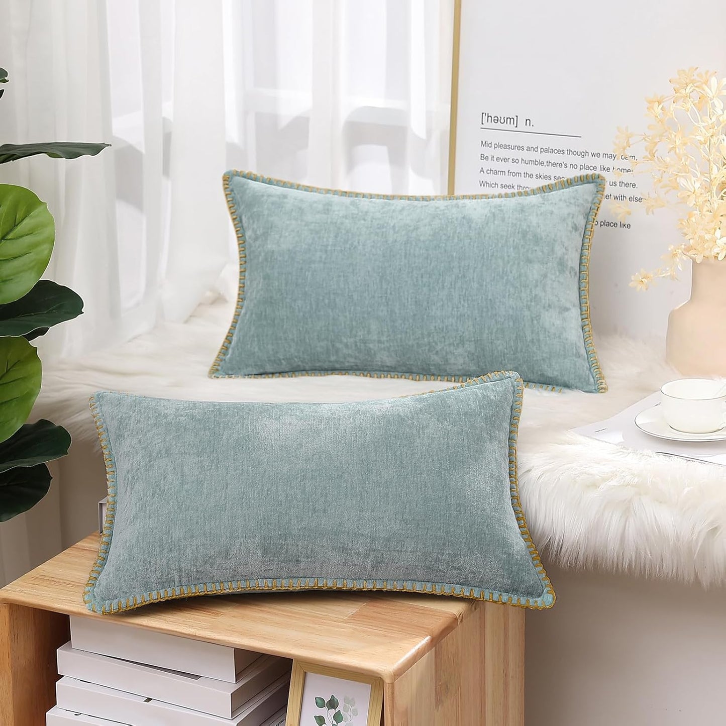 decorUhome Chenille Soft Throw Pillow Covers 12x20 Set of 2, Lumbar Velvet Farmhouse Neutral Decorative Euro Pillow Covers with Stitched Edge for Couch Sofa Bed Home Decor, Aqua Haze