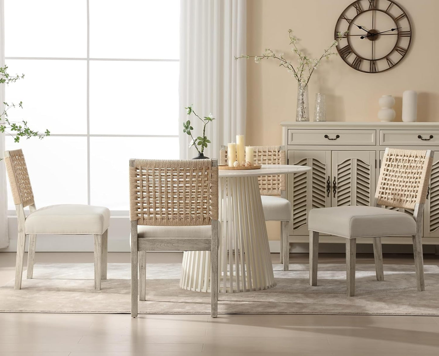 Kmax Farmhouse Dining Chairs Set of 4, Rustic Kitchen Chairs with Linen Fabric Seat and Woven Back, Vintage Accent Chairs for Dining Room, Living Room, Ivory