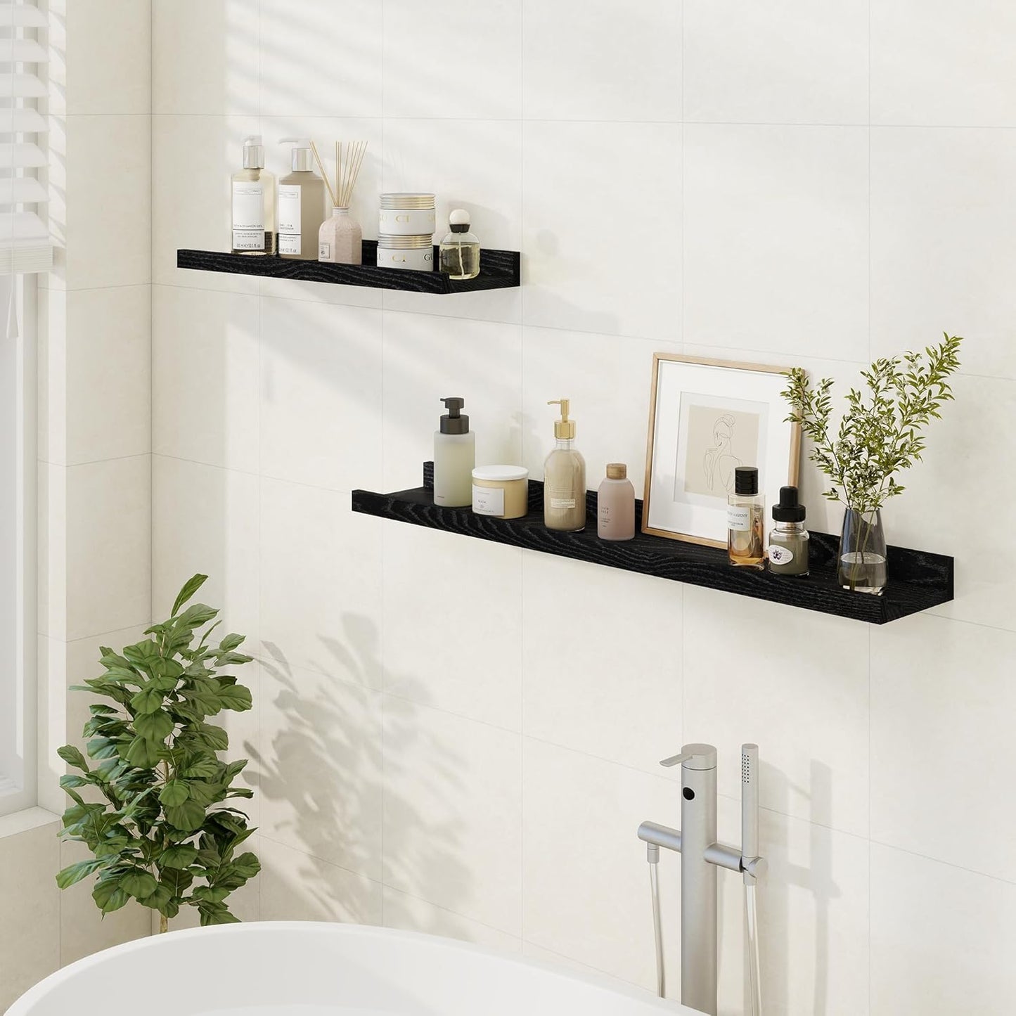 Floating Picture Ledge Shelves 36 Inch Solid Oak Wood Set of 2, Rustic Wall Storage Shelves with Lip, Kids Bookshelf, Photo & Picture Ledge Shelves for Bedroom, Living Room, Kitchen