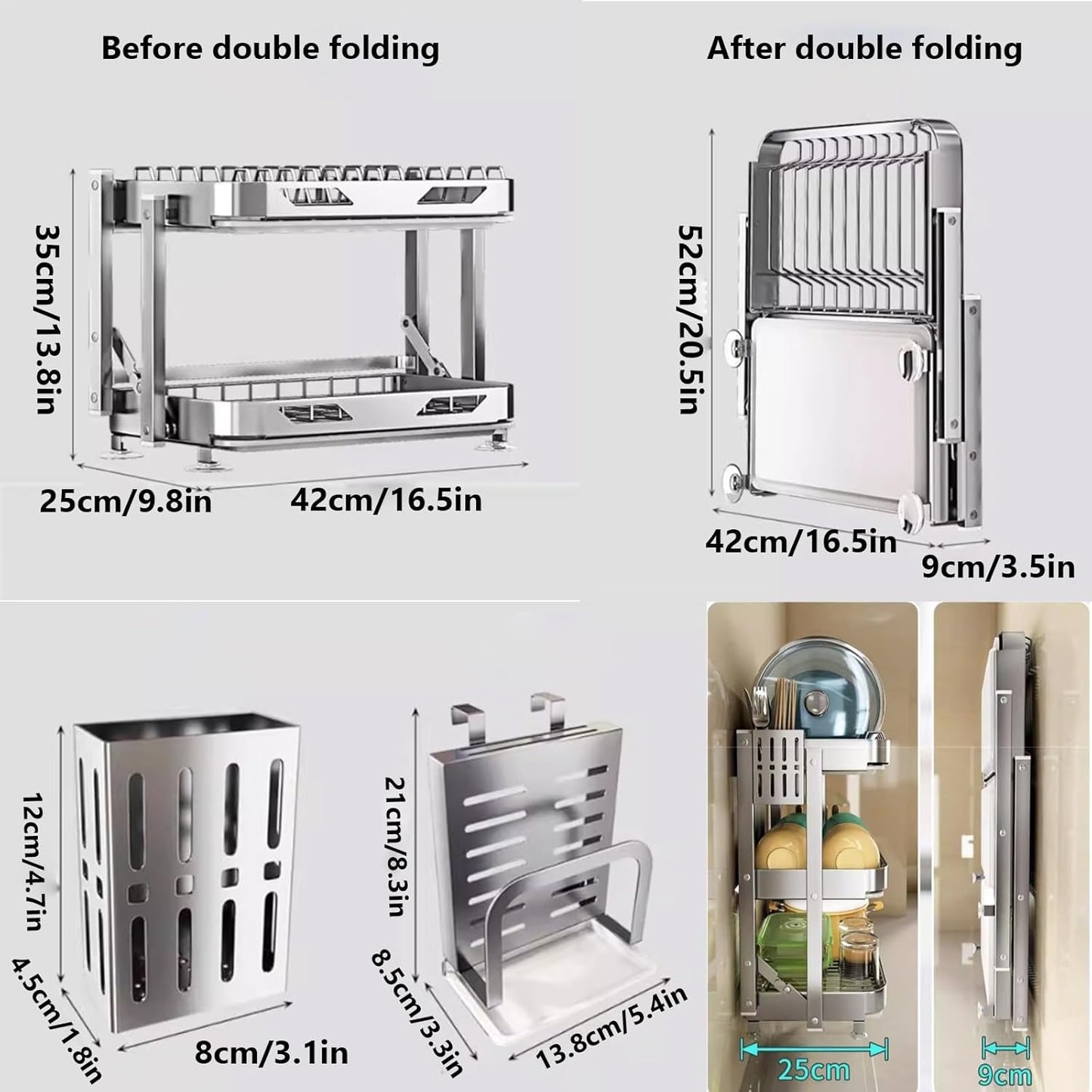 Dish Drying Rack with Drain Board - Rustproof Stainless Steel Dish Rack with Utensil Holder,Dish Racks for Kitchen Counter Over Sink,Over-Sink Drying Rack(Wall-Mounted,Second Floor)
