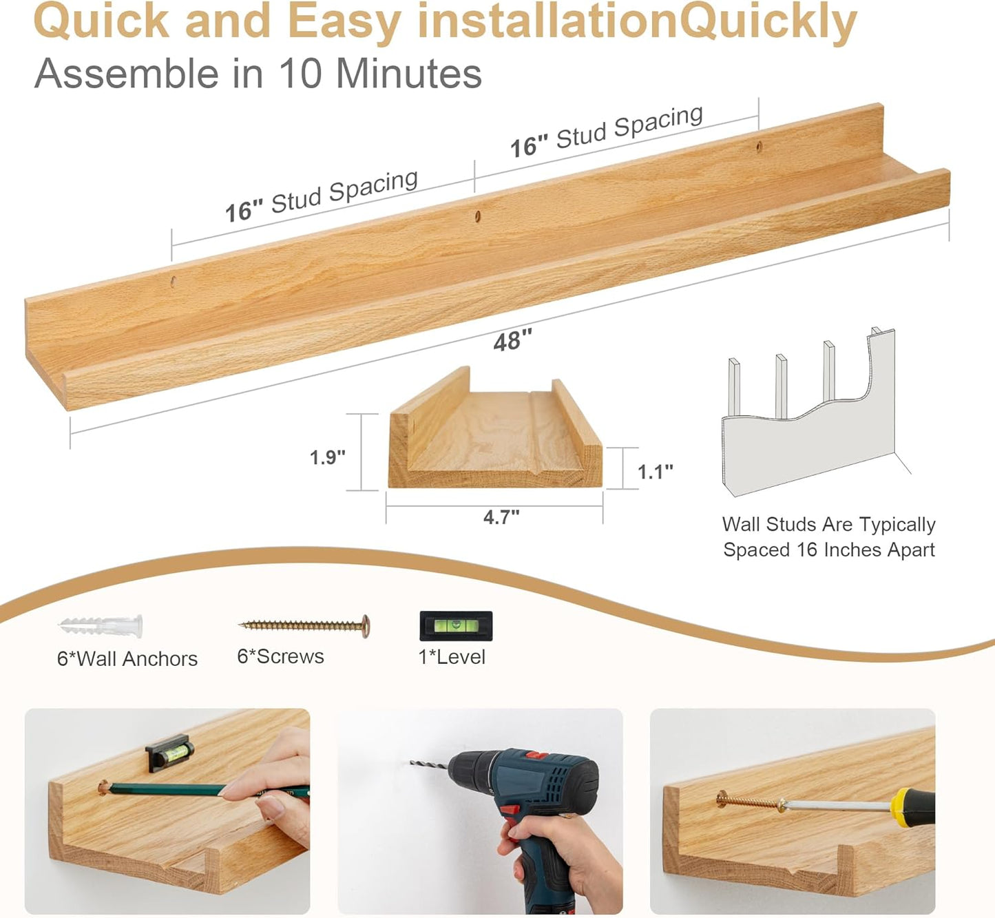 Floating Picture Ledge Shelves 48 Inch Solid Oak Wood Set of 2, Rustic Wall Storage Shelves with Lip, Kids Bookshelf, Photo & Picture Ledge Shelves for Bedroom, Living Room, Kitchen