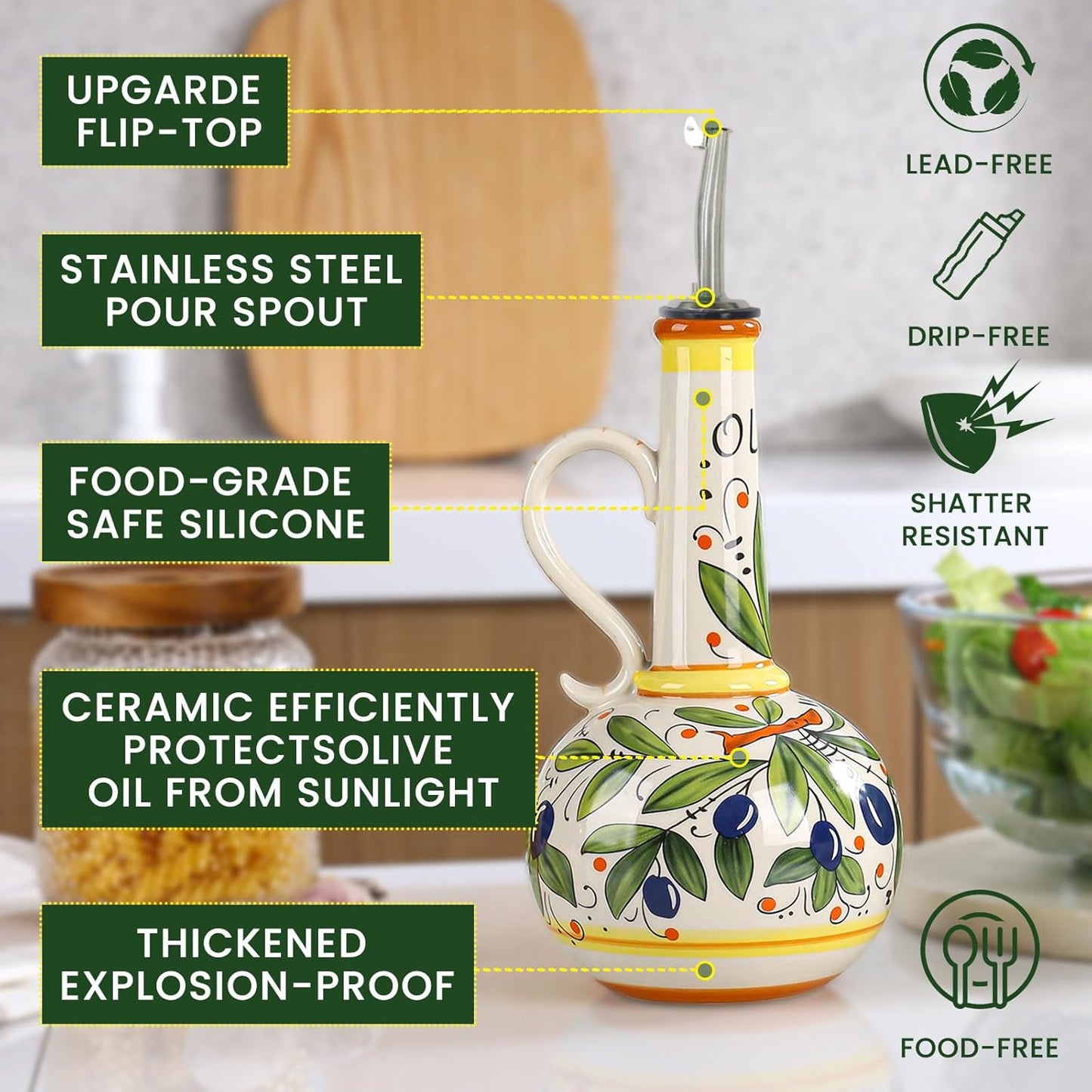 18 oz Ceramic Olive Oil Dispenser Bottle for Kitchen, Large Capacity Oli and Vinegar Cruet with Stainless Steel Spout, 540 ml Oil Container with Handle for Cooking Preventing, Vinegar Cruet