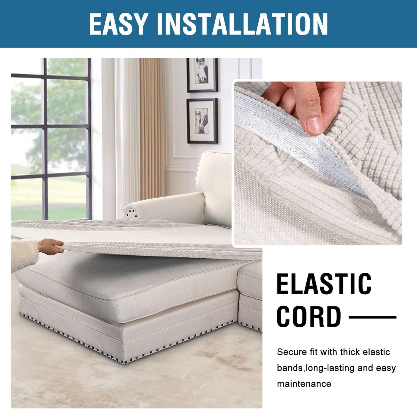 H.VERSAILTEX Super Stretch Individual Chaise Cover Sectional Couch Covers for L Shaped Sofa Both Left/Right Featuring Thick Jacquard Textured Twill Fabric (1 Piece Chaise Cover Large, Ivory)