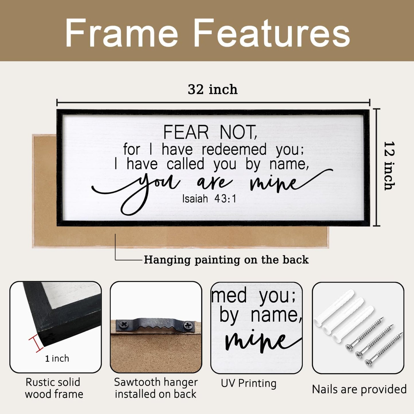 Fear Not for I Have Redeemed You Sign Framed Wall Art, 32''×12'' Rustic Religious Christian Isaiah 43:1 Bible Verse Sign, Horizontal Holy Inspirational Catholic Scripture Decor