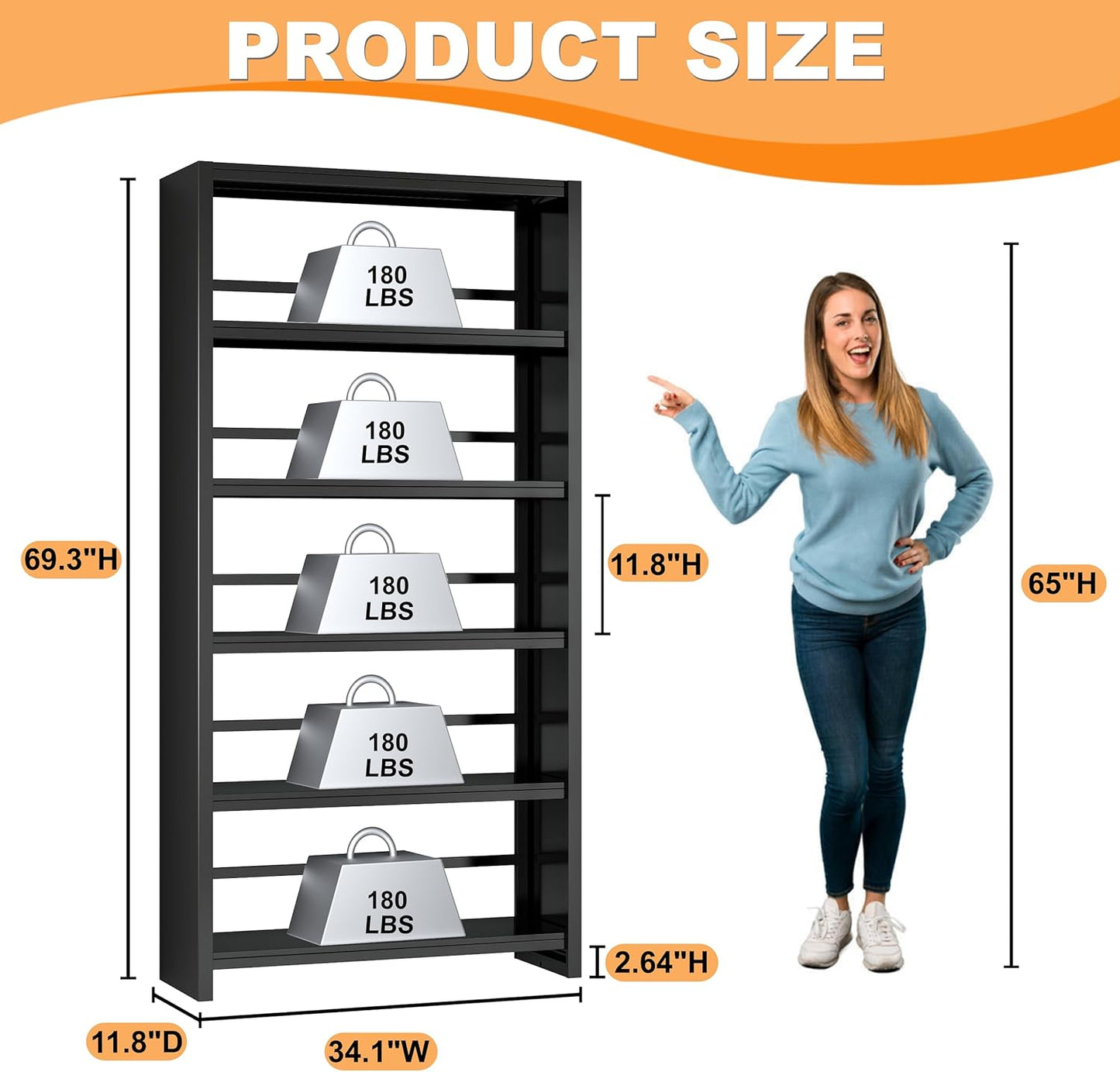 5 Tier Book Shelf, Metal Bookshelf, 69.3” Tall Black Bookcase, Free-Standing Industrial Bookshelves, Tools-Free Assembly Book Storage Organizer for Bedroom, Living Room, Office (Black)