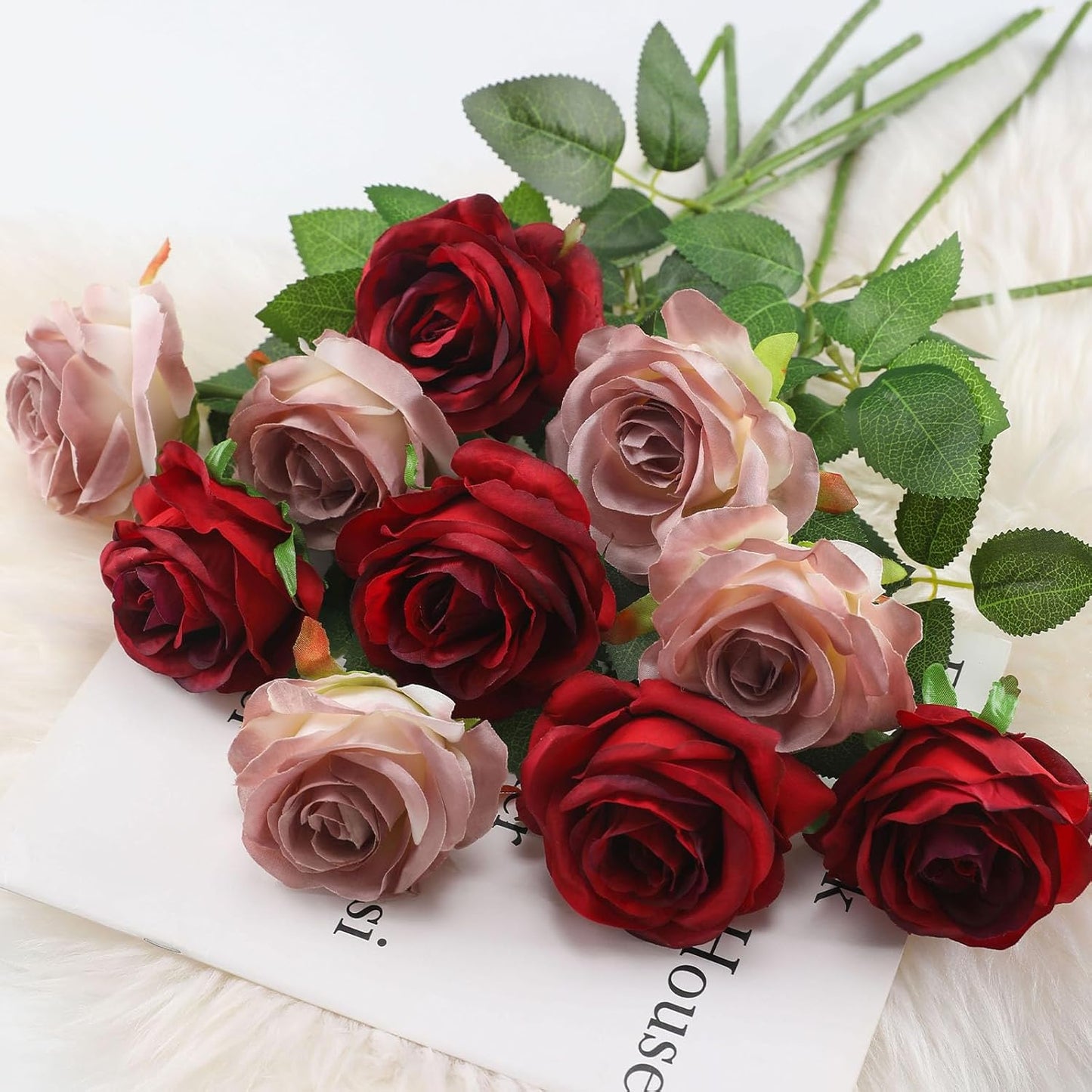 Burgundy Fake Roses Artificial Flowers - 10 Pcs Fake Artificial Roses Silk Flowers with Stems for Home Wedding Hotel Office Centerpiece Decor（Burgundy）