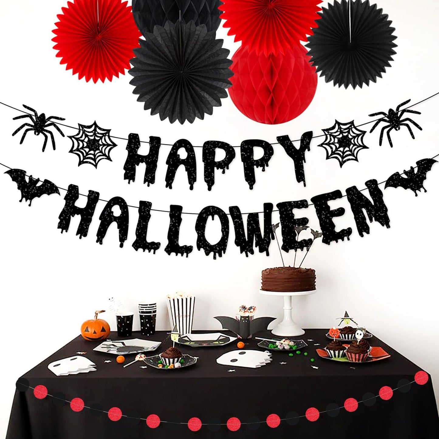 Red Black Happy-Halloween Party Decorations - 13PCS Spider Web Bats Streamers Banner ,Paper Flowers Lanterns Tissue Pom Poms Fans, Classroom Birthday Bachelorette Hanging Supplies Decor Hugfond