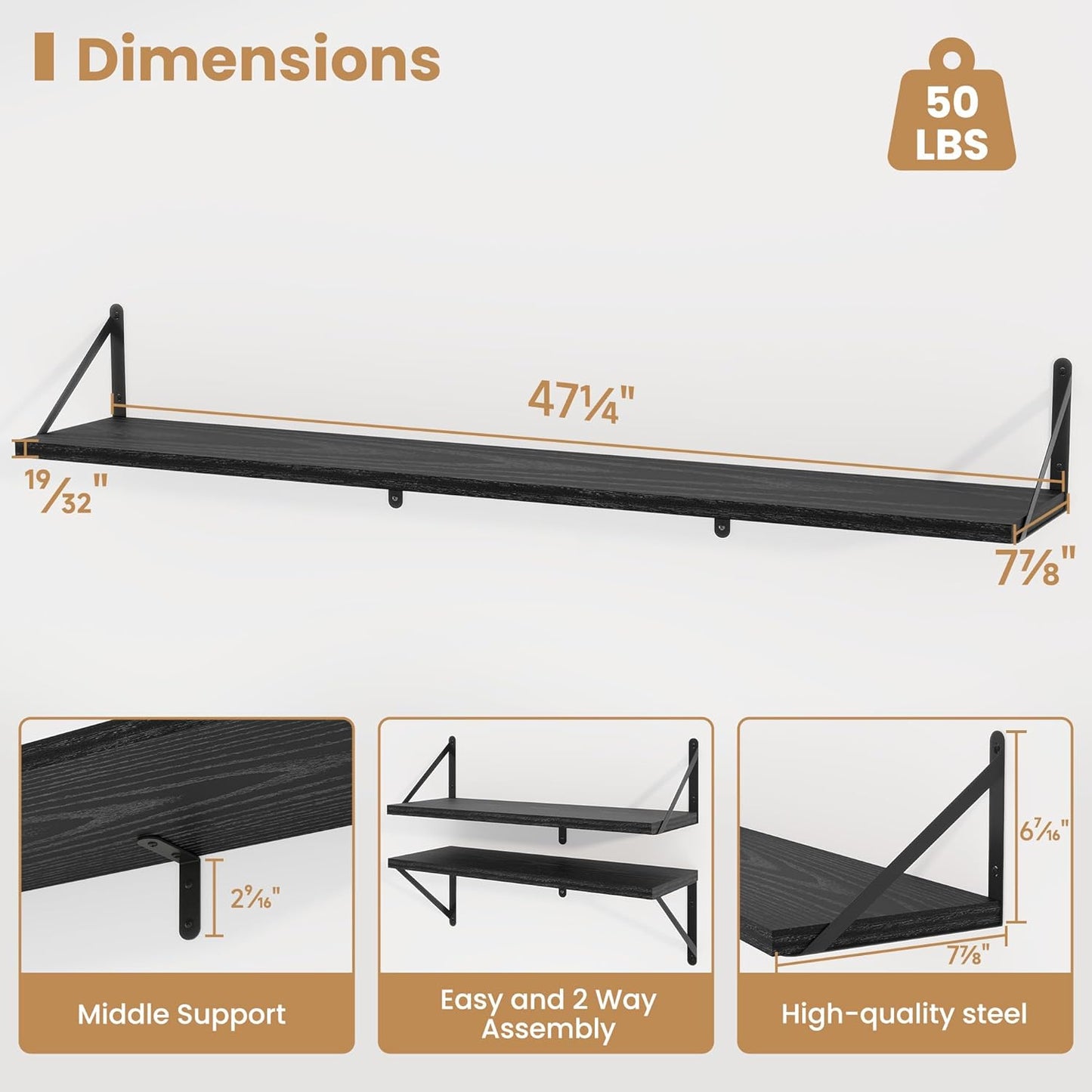 Heimlove 48 Inch Large Floating Bookshelves Set of 3,Black Wall Mounted Bookshelves,Heavy Duty Wooden Shelves for Living Room,Bedroom,Kitchen,Laundry Room Storage & Decor