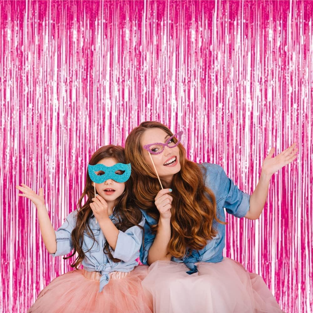 GOER 6.4 ft x 8.2 ft Metallic Tinsel Foil Fringe Curtains,Pack of 2 Party Streamer Backdrop for Galentines Day,Birthday,Graduation Decorations and New Year Eve (Hot Pink)