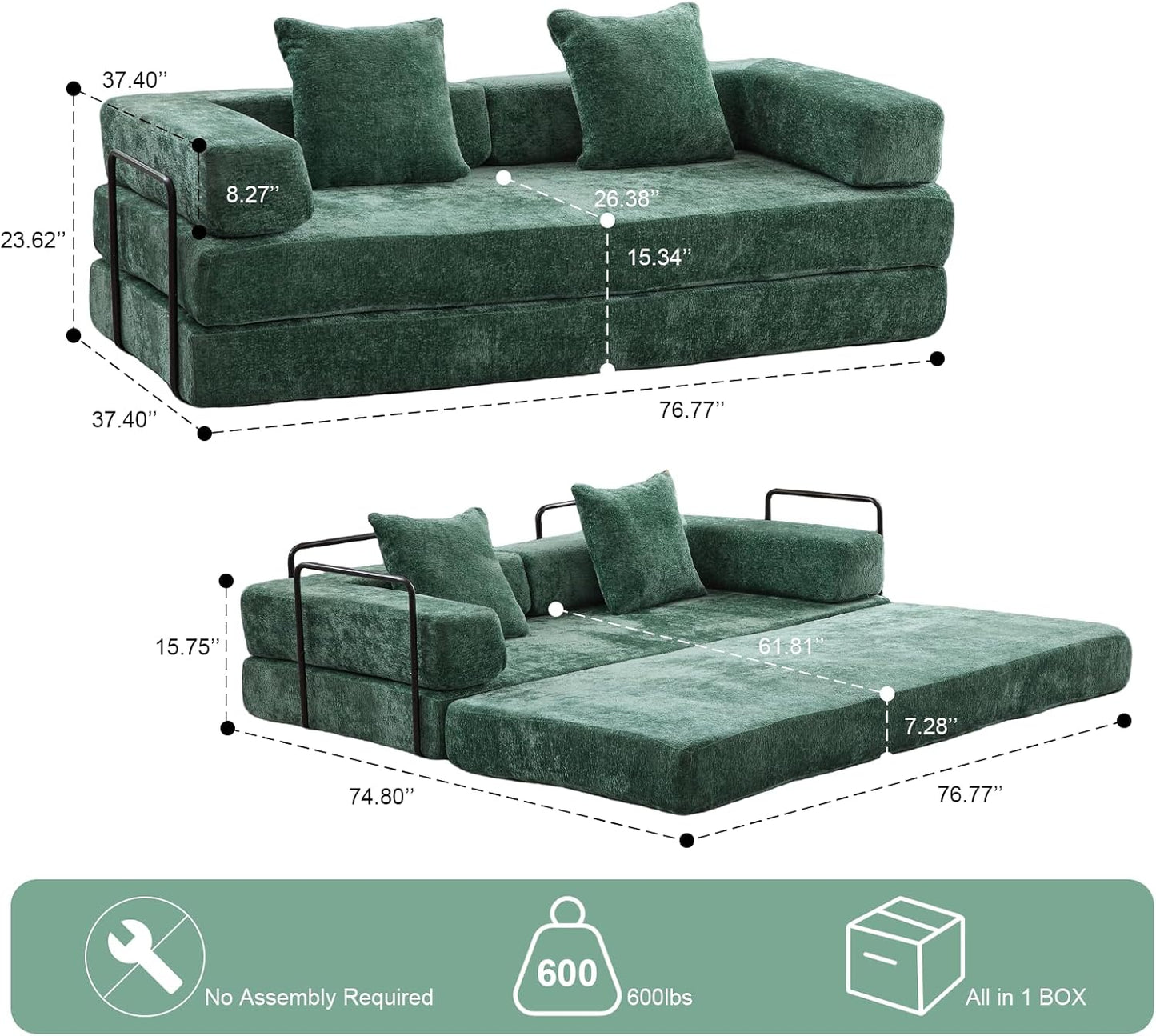 Convertible Sleeper Sofa Bed, Compression Folding Sofa with Pillow, No Assembly Required, Shape Frame, Floor Sofas Lounge Couch for Living Room, Bedroom, Small Spaces(Chenille, 77''W, Dark Green)