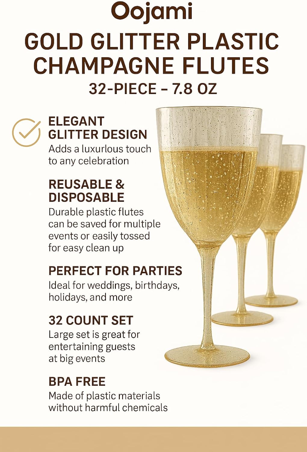 Oojami Elegant Plastic Champagne Flutes - 32 PCS, 7.8oz Disposable & Reusable Wine Glasses - Perfect for Home, Parties, Weddings, Birthdays & Celebrations (32, Gold Glitter)